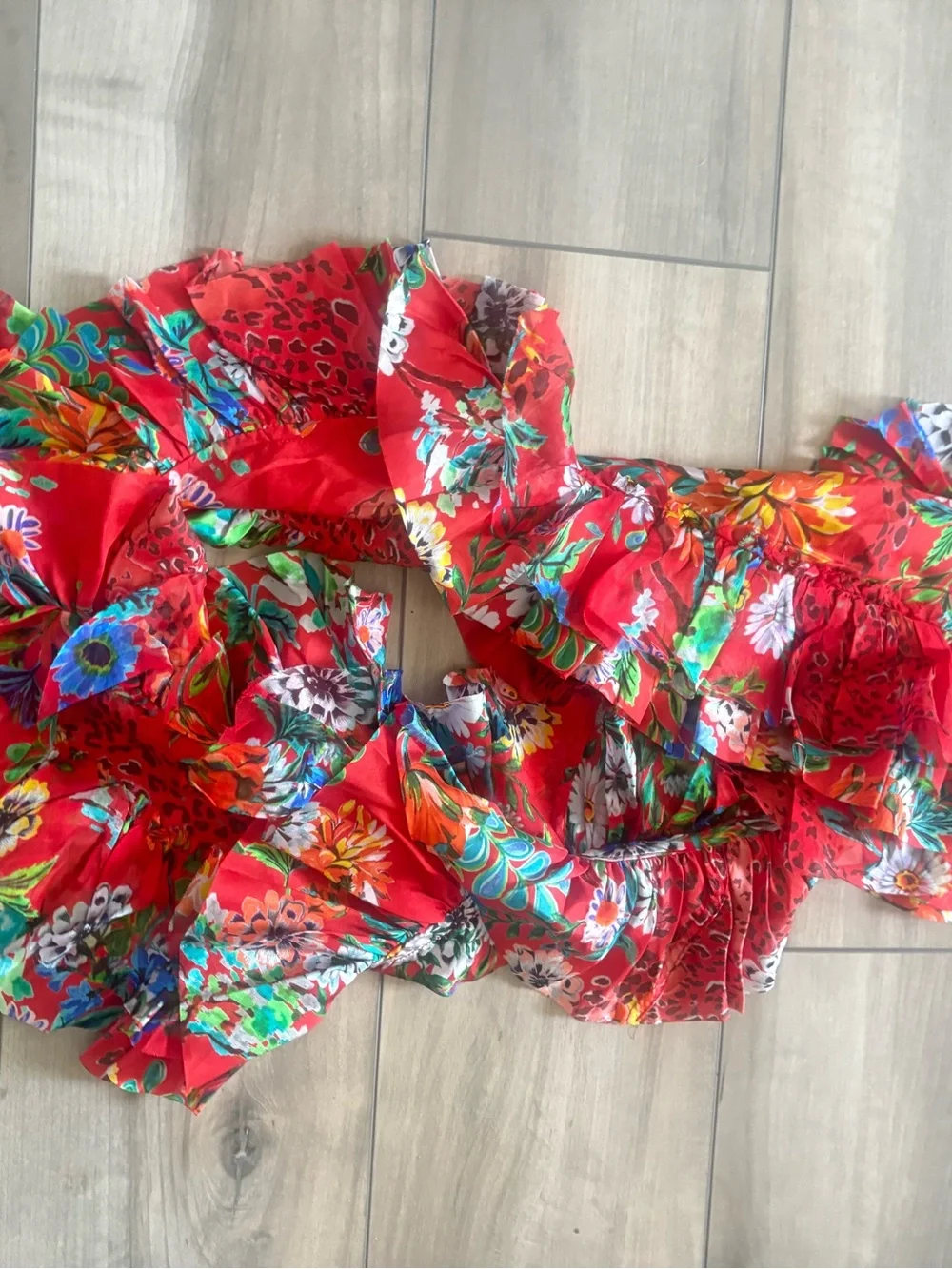 Johnny Was Marie Ruffle Scarf Bobcat Forest Red Floral Silk NWT O/S